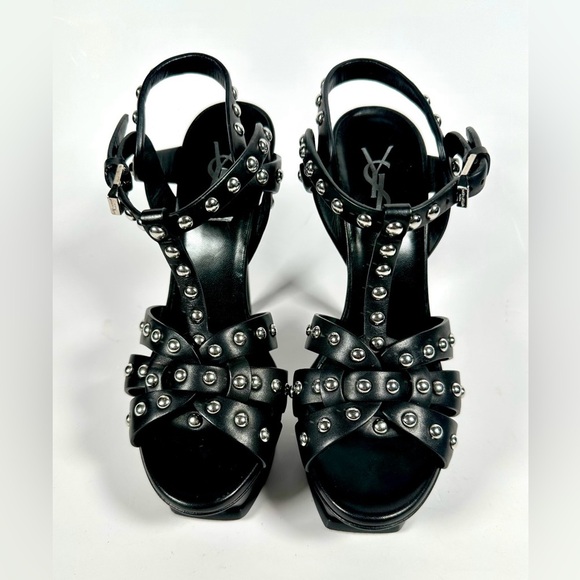 Yves Saint Laurent Black Leather Classic Tribute Studded T-strap Platform Sandal - Picture 4 of 16